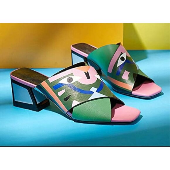 Graffiti Eyes Art Deco Open Toe Slides Summer Sandals Artsy Mules Women 7.5 EUR - Picture 1 of 11